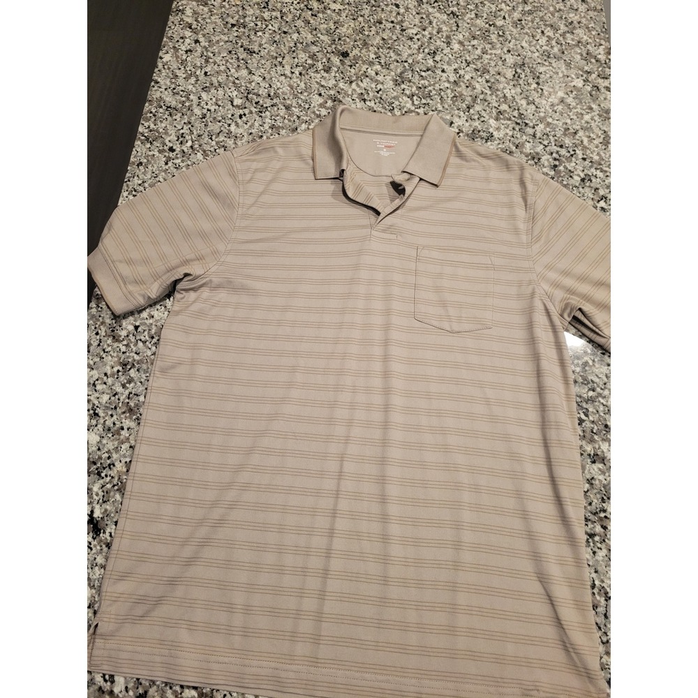 Roundtree & Yorke travelSMART Mens Medium Tan‎ Striped Short Sleeve Polo Shirt